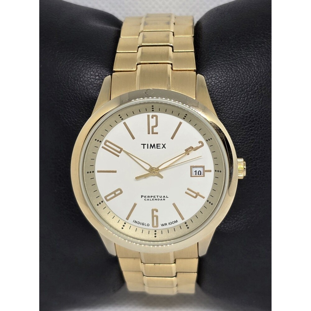Men's Timex Indiglo Gold Tone Date Perpetual Calendar Flex Bracelet Watch 08